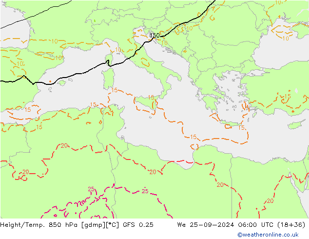 Z500/Rain (+SLP)/Z850 GFS 0.25 We 25.09.2024 06 UTC