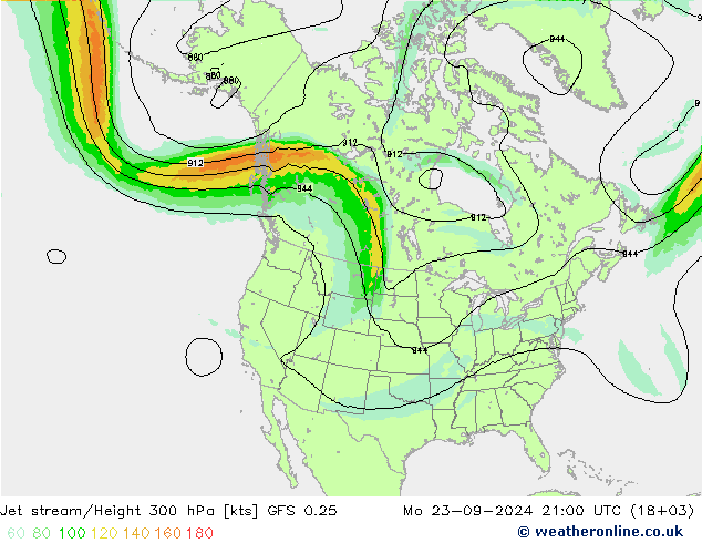 Prąd strumieniowy GFS 0.25 pon. 23.09.2024 21 UTC