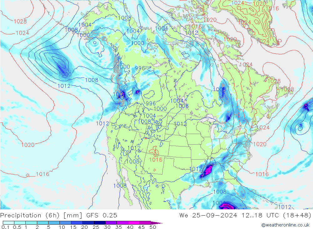 Totale neerslag (6h) GFS 0.25 wo 25.09.2024 18 UTC