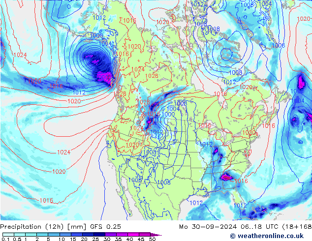 Precipitation (12h) GFS 0.25 Po 30.09.2024 18 UTC