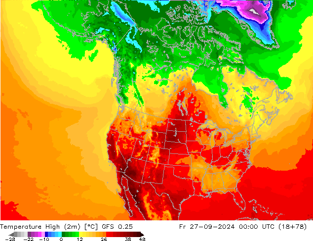 Max.temperatuur (2m) GFS 0.25 vr 27.09.2024 00 UTC