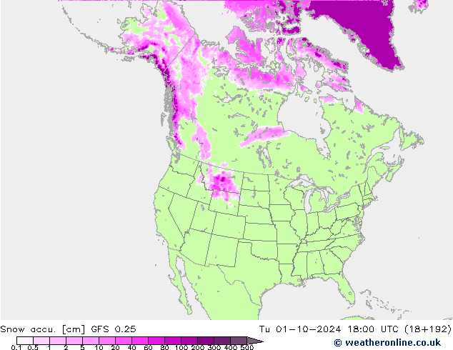 Snow accu. GFS 0.25 Tu 01.10.2024 18 UTC