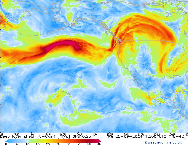 Deep layer shear (0-6km) GFS 0.25 mié 25.09.2024 12 UTC