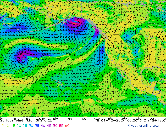 Surface wind GFS 0.25 Út 01.10.2024 06 UTC