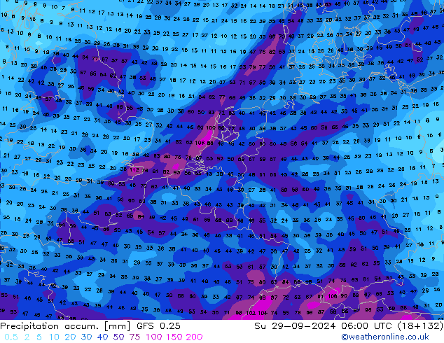 Precipitation accum. GFS 0.25 Su 29.09.2024 06 UTC