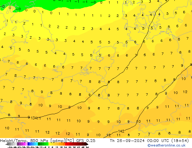 Height/Temp. 850 hPa GFS 0.25 星期四 26.09.2024 00 UTC