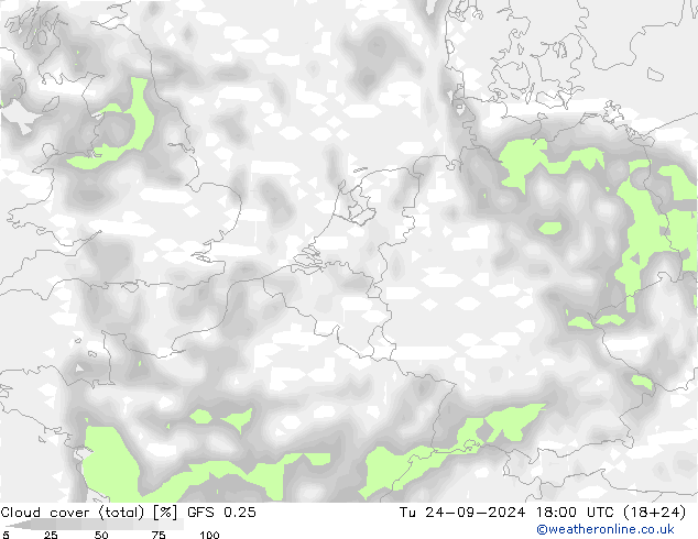 Cloud cover (total) GFS 0.25 Tu 24.09.2024 18 UTC