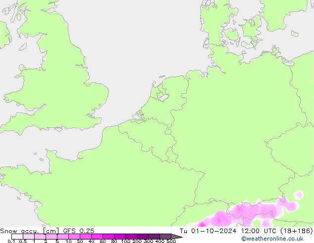 Snow accu. GFS 0.25 wto. 01.10.2024 12 UTC