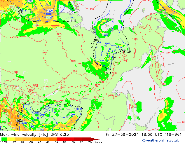 Max. wind velocity GFS 0.25 pt. 27.09.2024 18 UTC