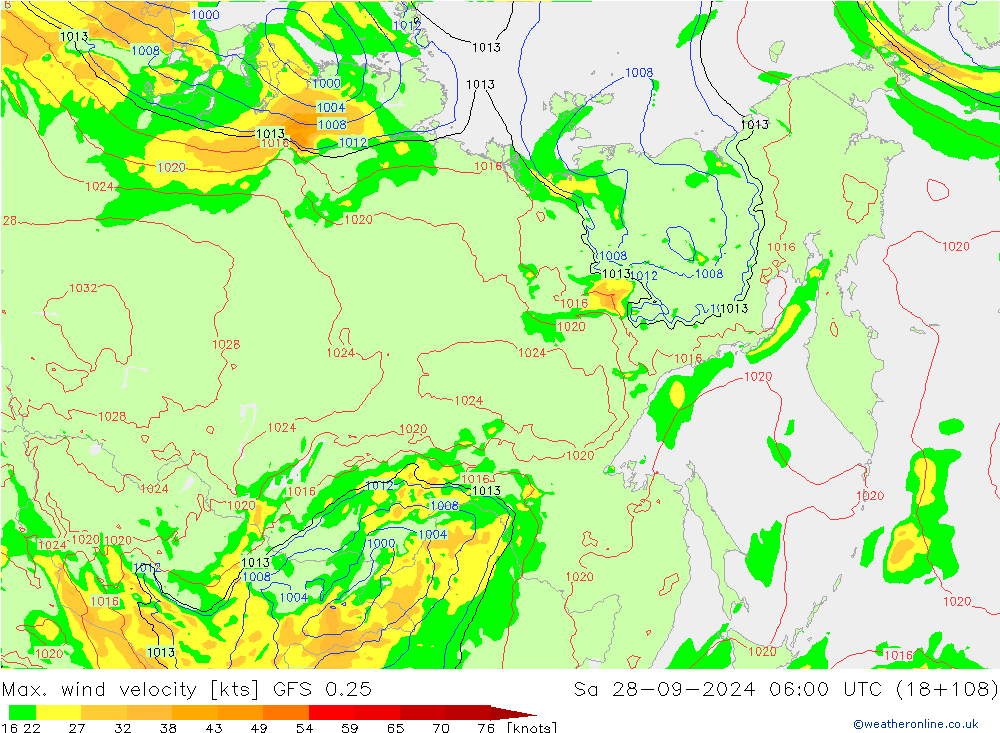 Max. wind velocity GFS 0.25 Sa 28.09.2024 06 UTC