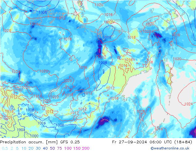 Precipitation accum. GFS 0.25 pt. 27.09.2024 06 UTC