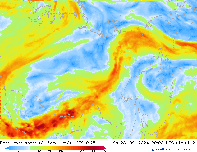 Deep layer shear (0-6km) GFS 0.25 Sa 28.09.2024 00 UTC