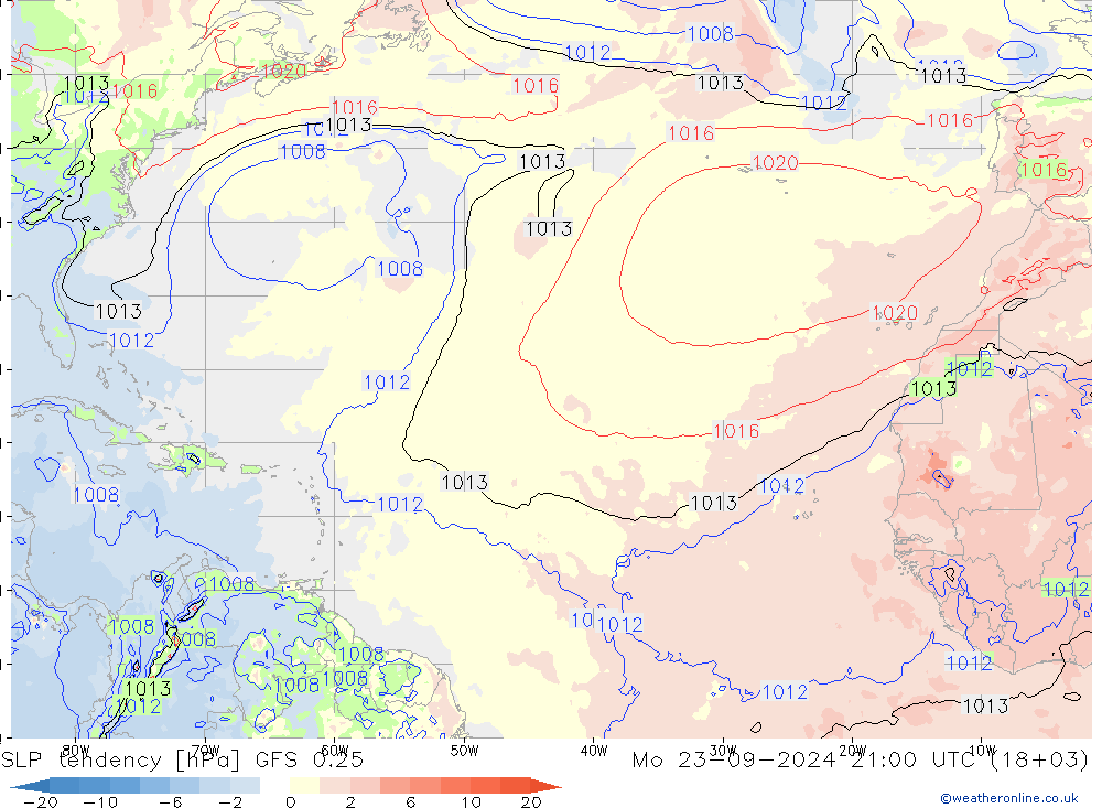 SLP tendency GFS 0.25 Mo 23.09.2024 21 UTC