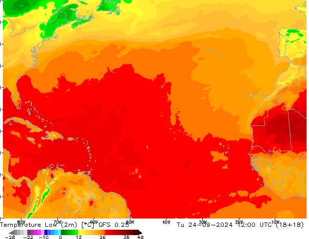 Temperature Low (2m) GFS 0.25 Tu 24.09.2024 12 UTC