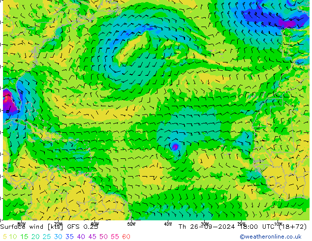 Vento 10 m GFS 0.25 Qui 26.09.2024 18 UTC