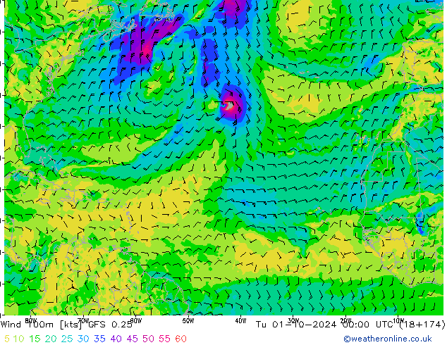 Viento 100m GFS 0.25 mar 01.10.2024 00 UTC