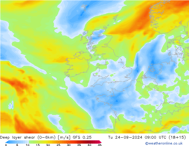 Deep layer shear (0-6km) GFS 0.25 вт 24.09.2024 09 UTC