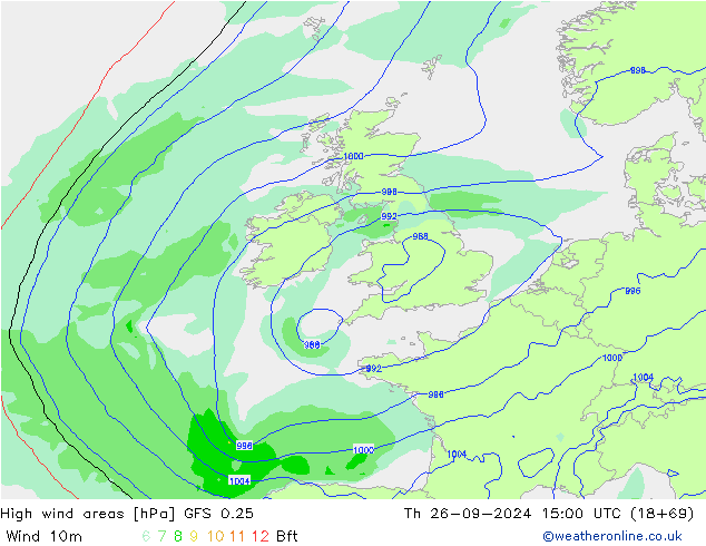 High wind areas GFS 0.25 gio 26.09.2024 15 UTC