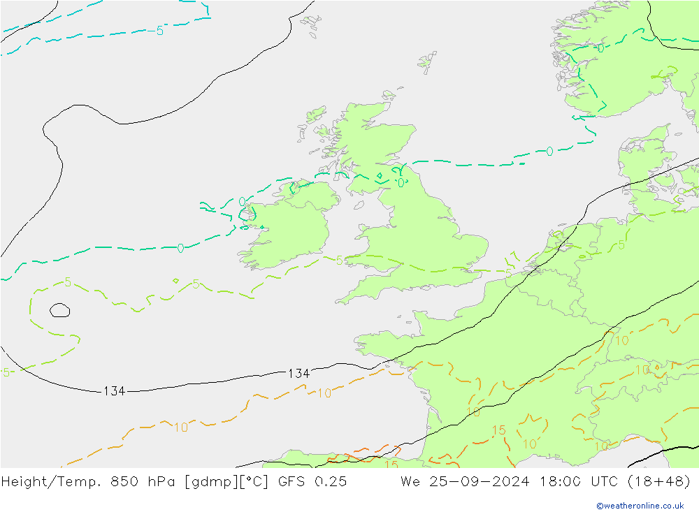 Height/Temp. 850 hPa GFS 0.25 We 25.09.2024 18 UTC