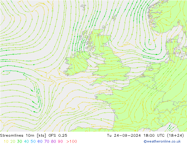 Streamlines 10m GFS 0.25 Tu 24.09.2024 18 UTC