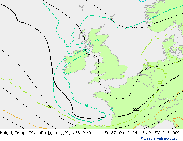 Z500/Rain (+SLP)/Z850 GFS 0.25 pt. 27.09.2024 12 UTC