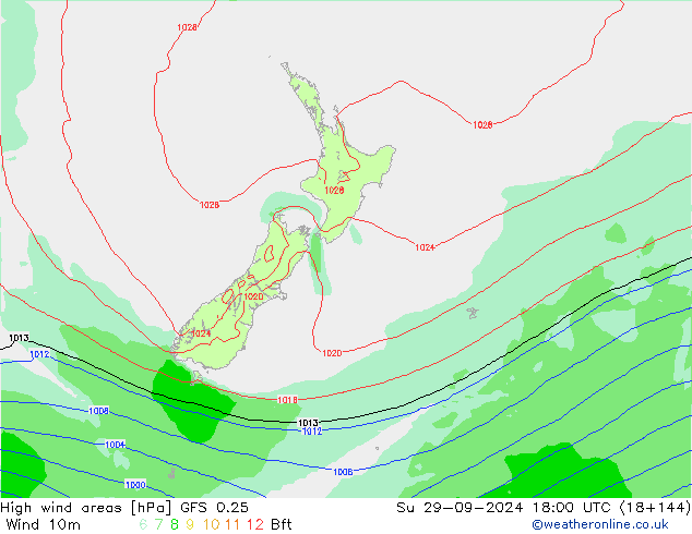 Windvelden GFS 0.25 zo 29.09.2024 18 UTC