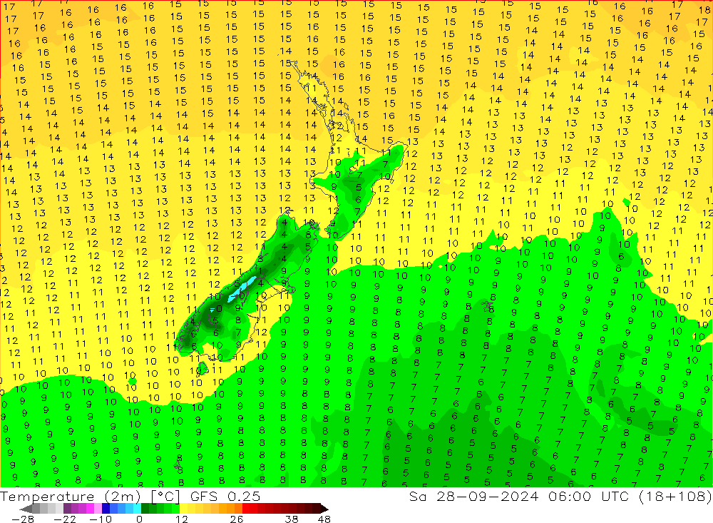 Temperatura (2m) GFS 0.25 Sáb 28.09.2024 06 UTC