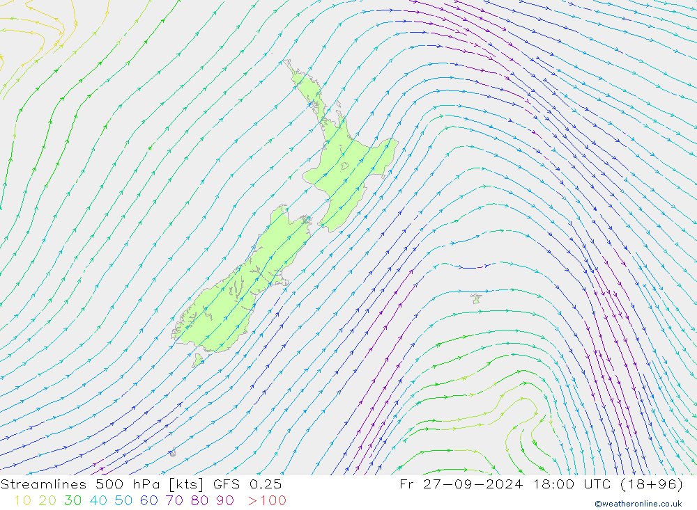 Linha de corrente 500 hPa GFS 0.25 Sex 27.09.2024 18 UTC