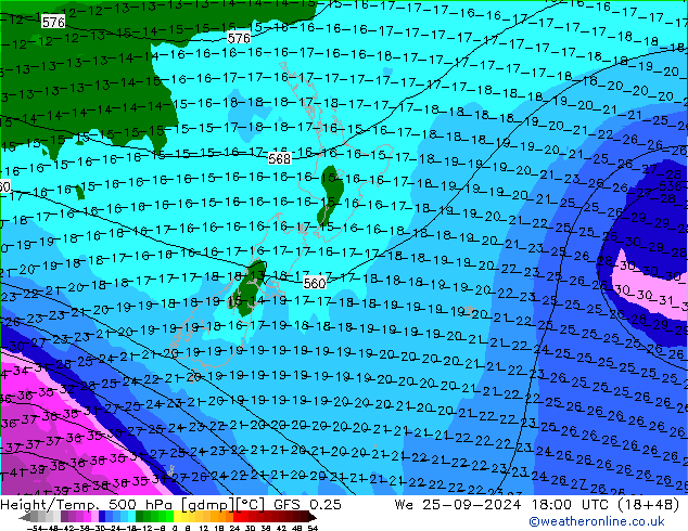 Z500/Rain (+SLP)/Z850 GFS 0.25 Qua 25.09.2024 18 UTC