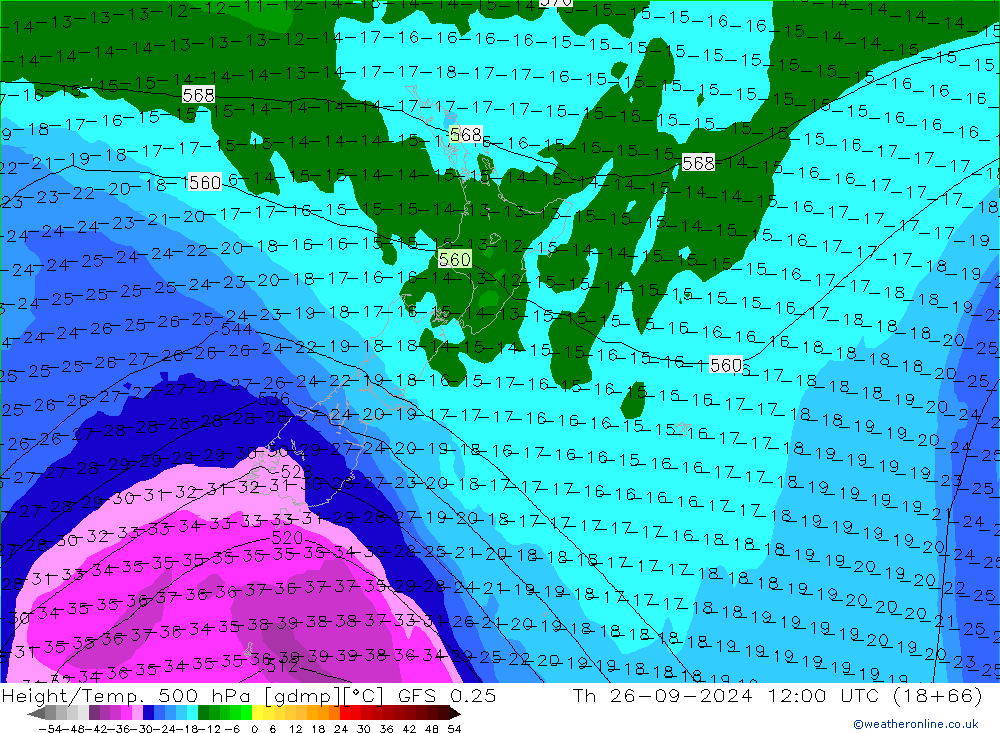 Z500/Rain (+SLP)/Z850 GFS 0.25 Th 26.09.2024 12 UTC