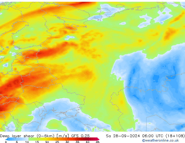 Deep layer shear (0-6km) GFS 0.25 Sa 28.09.2024 06 UTC