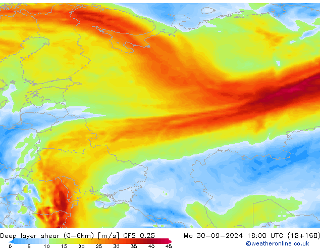 Deep layer shear (0-6km) GFS 0.25 pon. 30.09.2024 18 UTC