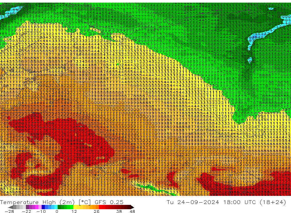 Max. Temperatura (2m) GFS 0.25 wto. 24.09.2024 18 UTC