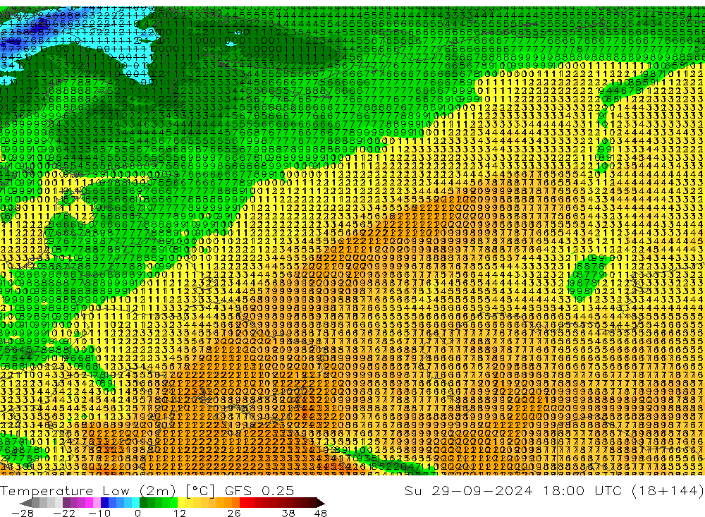 Min.temperatuur (2m) GFS 0.25 zo 29.09.2024 18 UTC