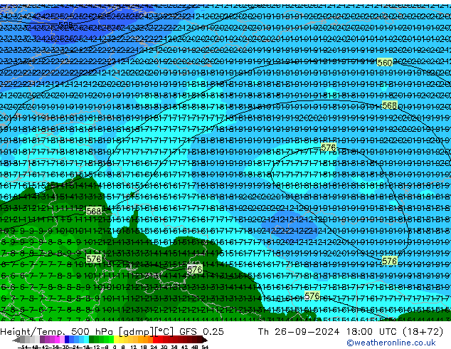 Z500/Rain (+SLP)/Z850 GFS 0.25 czw. 26.09.2024 18 UTC