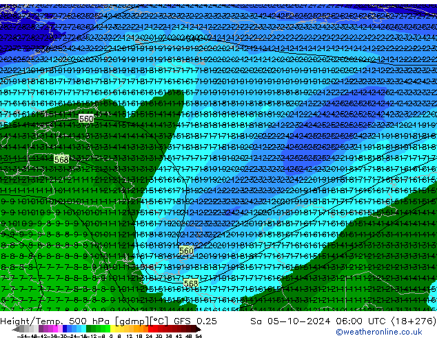 Z500/Rain (+SLP)/Z850 GFS 0.25 so. 05.10.2024 06 UTC