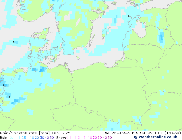 Rain/Snowfall rate GFS 0.25 Qua 25.09.2024 09 UTC