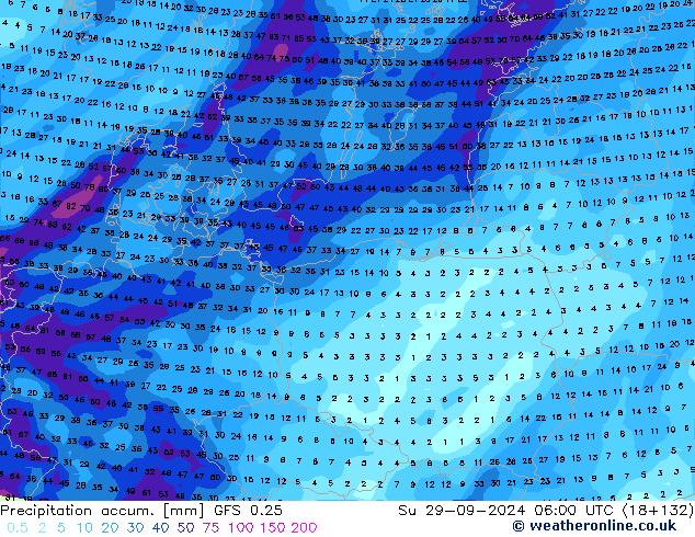 Precipitation accum. GFS 0.25 nie. 29.09.2024 06 UTC