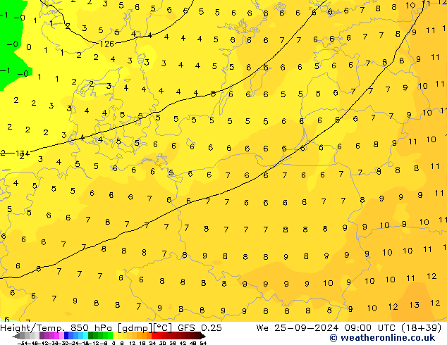 Z500/Rain (+SLP)/Z850 GFS 0.25 We 25.09.2024 09 UTC