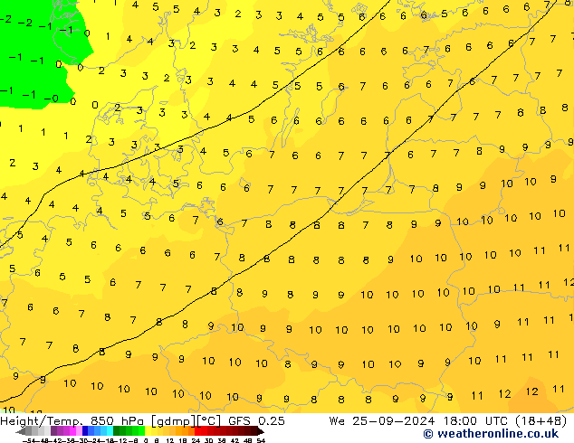 Z500/Rain (+SLP)/Z850 GFS 0.25 St 25.09.2024 18 UTC