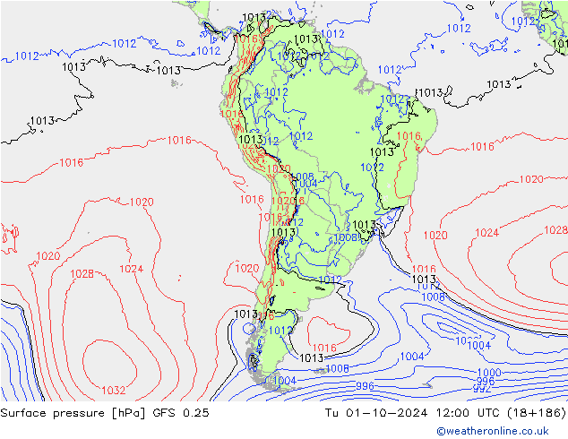 Atmosférický tlak GFS 0.25 Út 01.10.2024 12 UTC