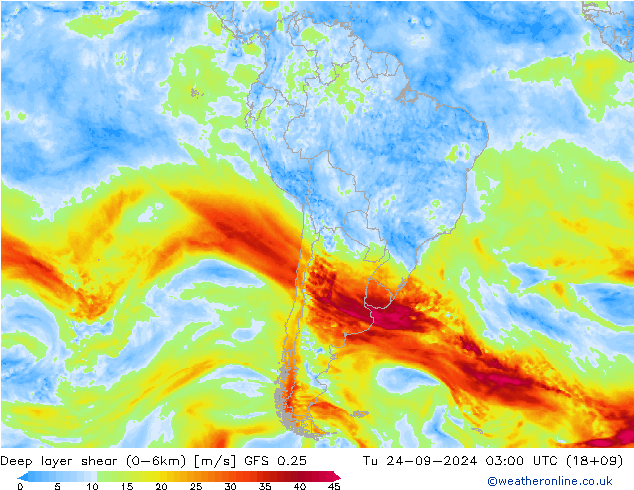 Deep layer shear (0-6km) GFS 0.25 Út 24.09.2024 03 UTC