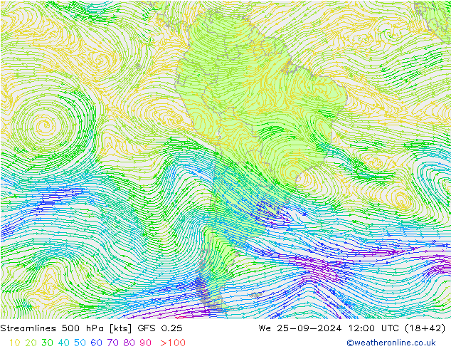 Línea de corriente 500 hPa GFS 0.25 mié 25.09.2024 12 UTC