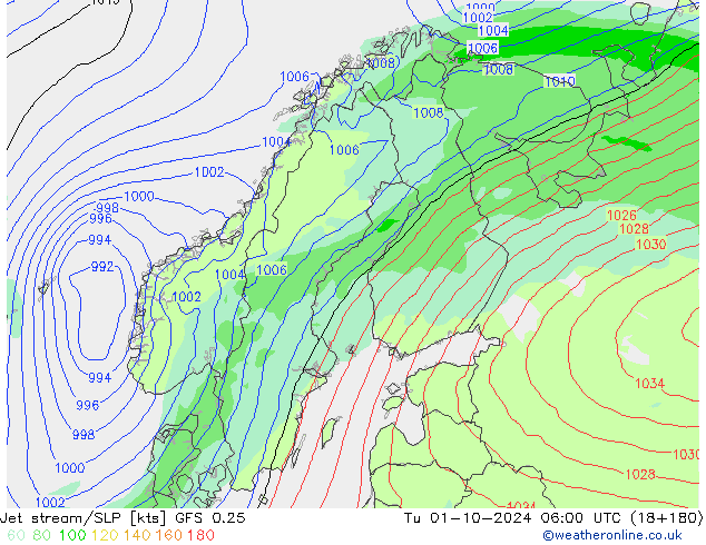 Jet stream/SLP GFS 0.25 Út 01.10.2024 06 UTC