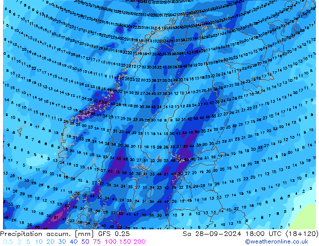 Precipitation accum. GFS 0.25 Sa 28.09.2024 18 UTC