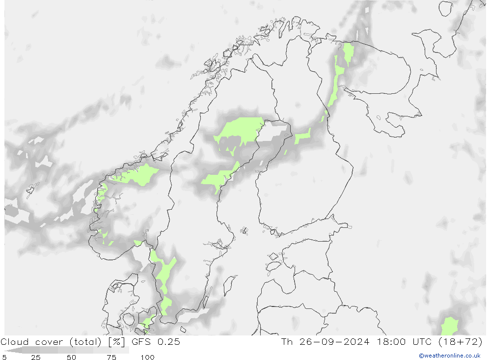 zachmurzenie (suma) GFS 0.25 czw. 26.09.2024 18 UTC