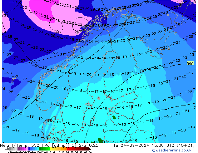 Z500/Rain (+SLP)/Z850 GFS 0.25 вт 24.09.2024 15 UTC