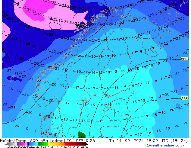 Hoogte/Temp. 500 hPa GFS 0.25 di 24.09.2024 18 UTC