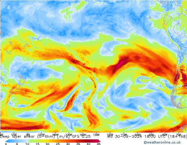 Deep layer shear (0-6km) GFS 0.25 lun 30.09.2024 18 UTC