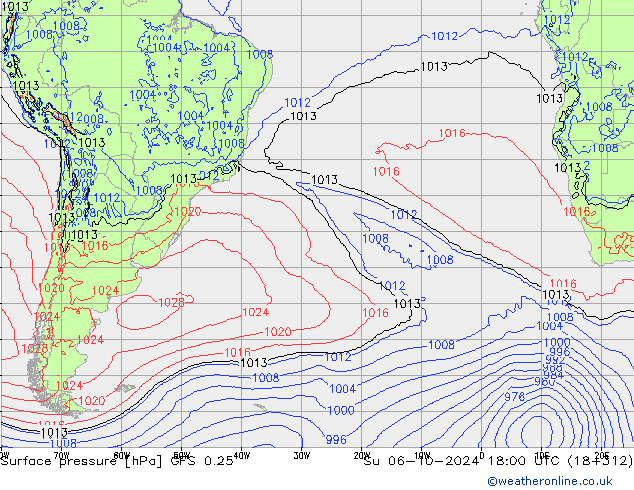 Presión superficial GFS 0.25 dom 06.10.2024 18 UTC